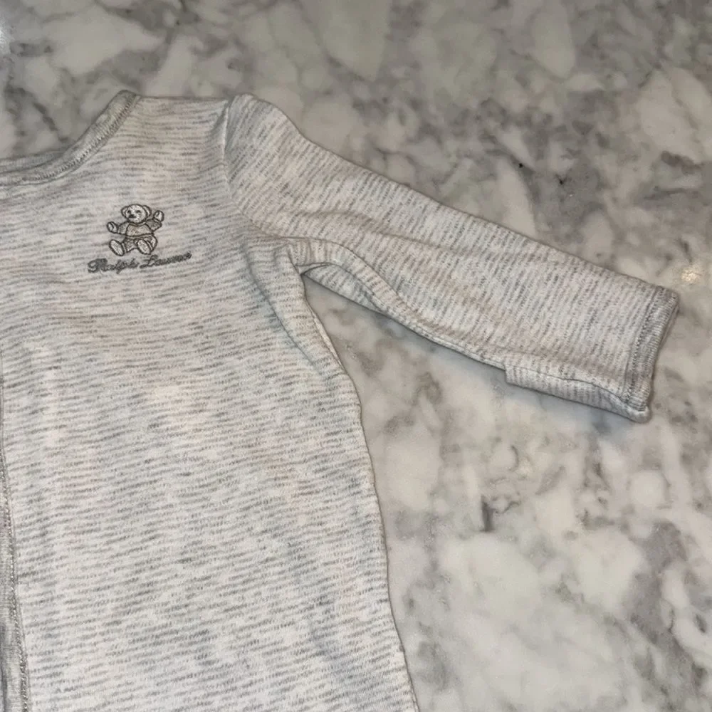 RALPH LAUREN STRIPE GREY/WHITE TEDDY FOOTIE 3M